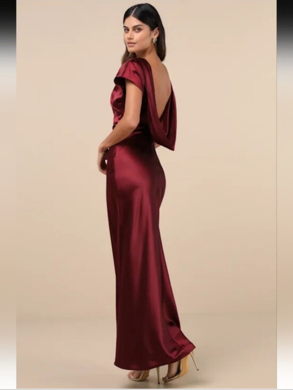Lulu's Captivating Presence Satin Cowl Back Burgundy Maxi Dress Size L Nwot 4G